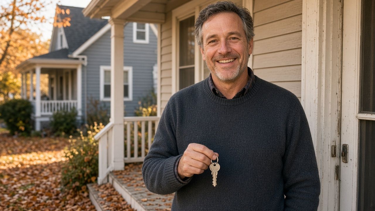 Smiling homeowner holding a set of house keys on the front porch of a house
