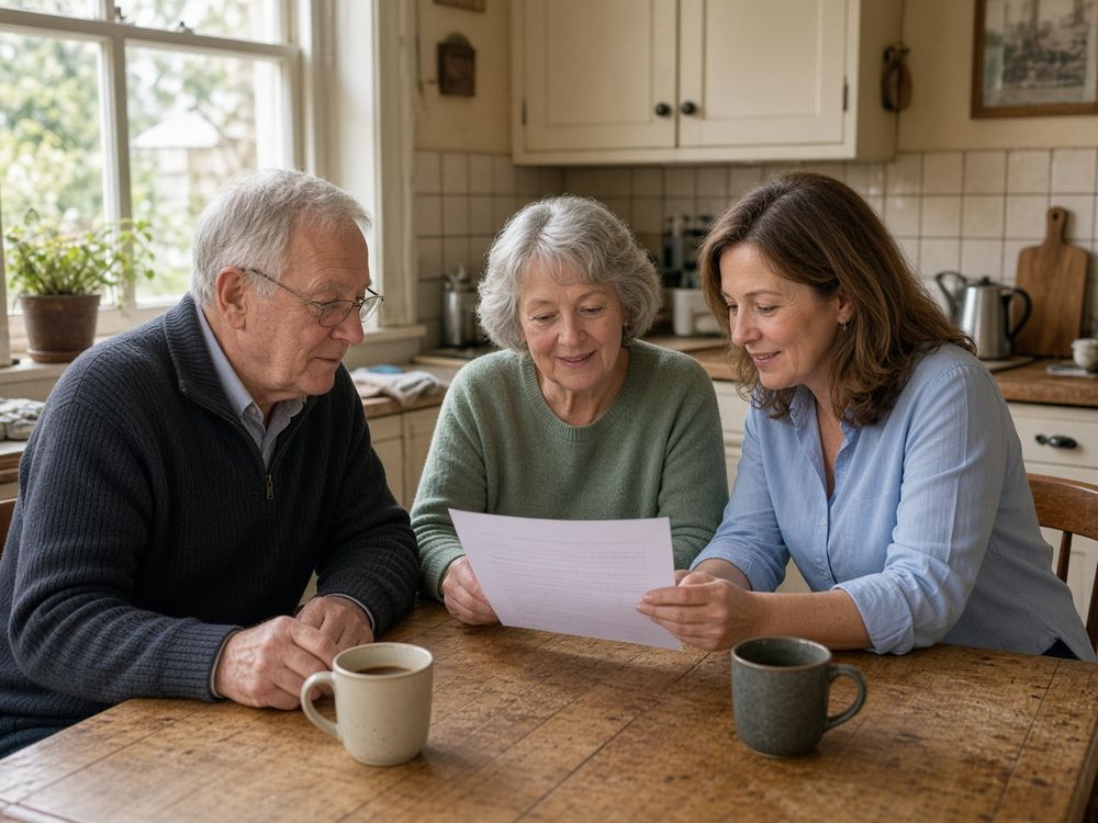 Three people reviewing a printed offer together at a kitchen table